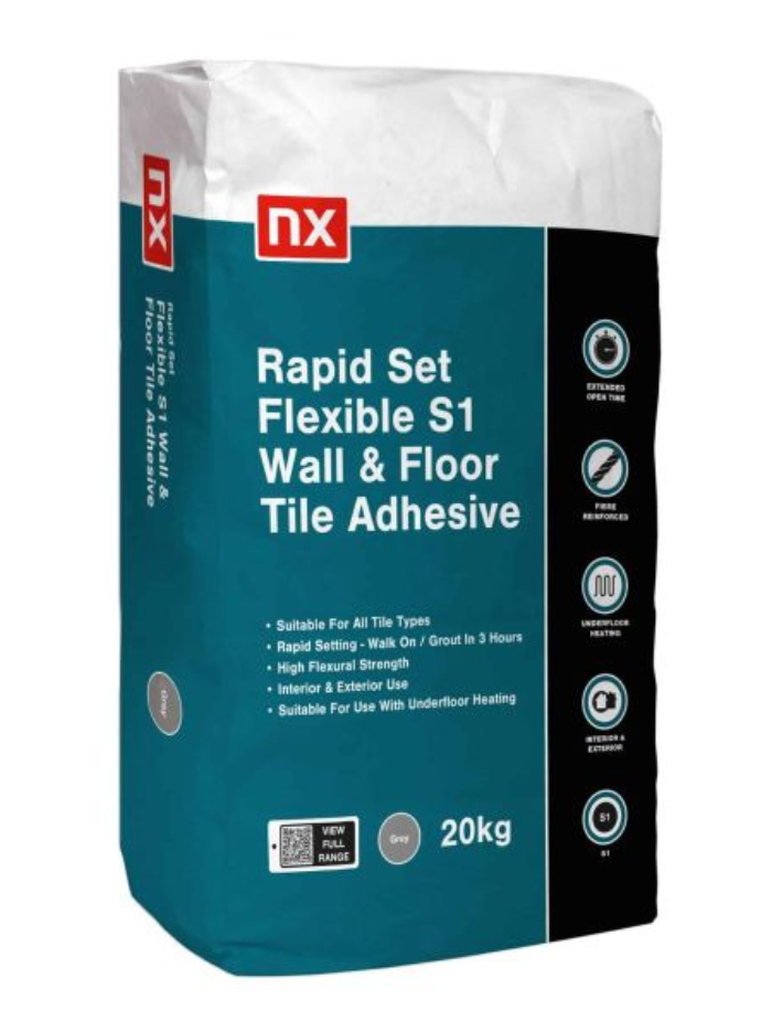Bag of NX Rapid Set Flexible S1 Wall & Floor Tile Adhesive on a white background