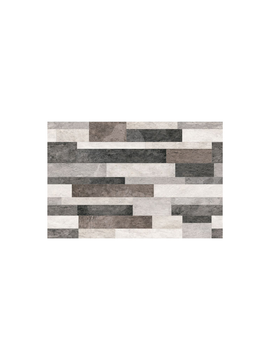 Rectangular patchwork rug with brown, black, and beige tiles on a white background