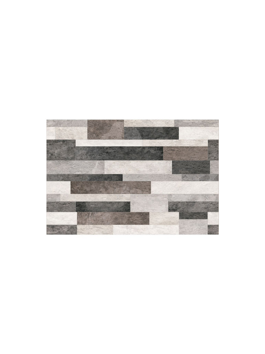 Rectangular patchwork rug with brown, black, and beige tiles on a white background
