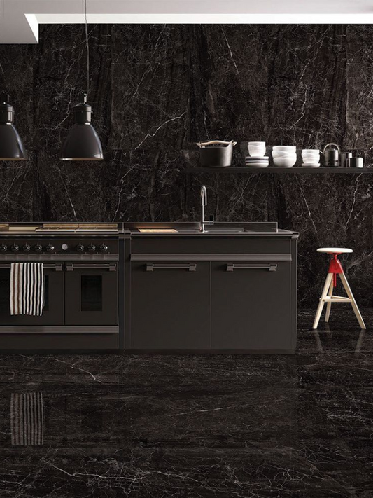 Modern kitchen with black marble backsplash and countertops