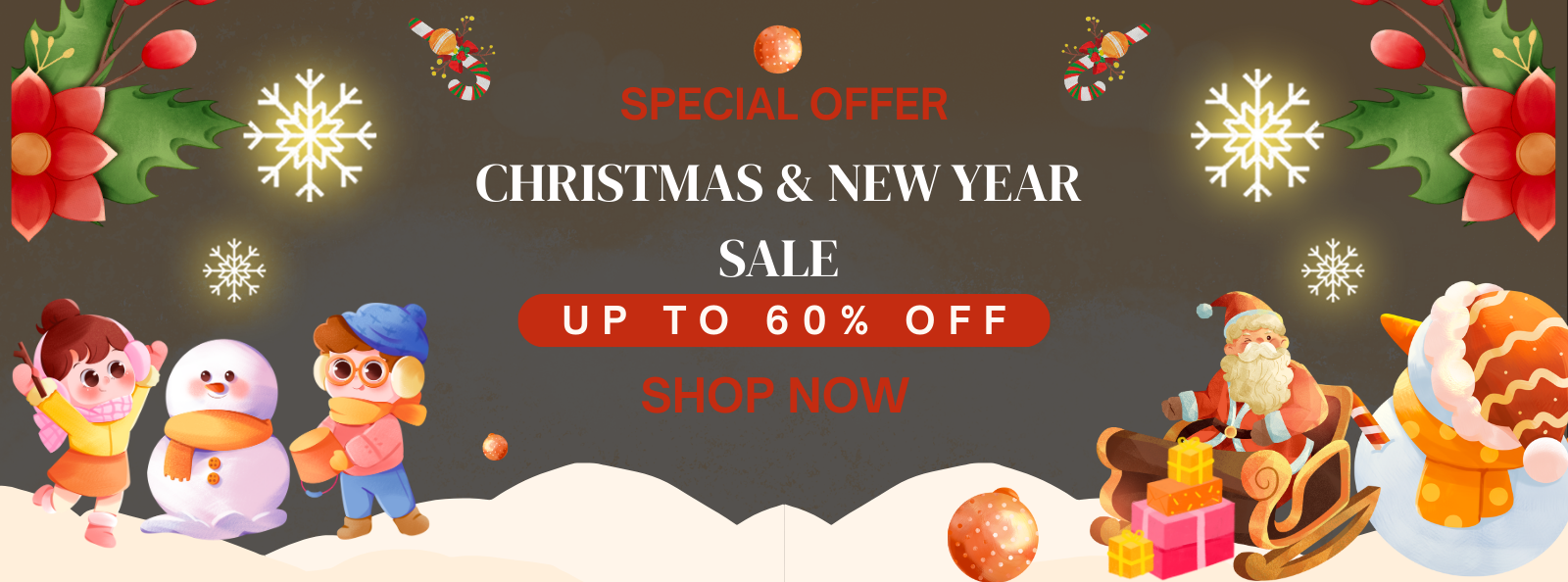 Promotional banner for Christmas and New Year sale with cartoon characters and festive elements.
