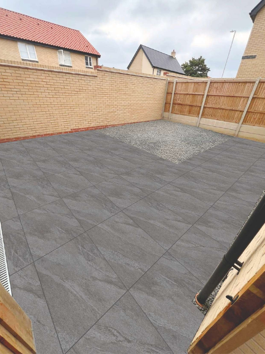Gray tiled patio area in a backyard with wooden fences and houses in the background.