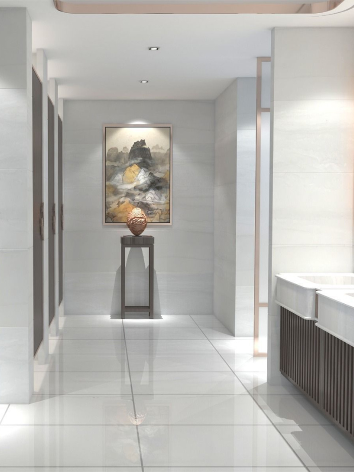 Modern hallway with a decorative painting on the wall and a small table with a spherical object.
