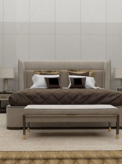 Modern bedroom with a large bed, nightstands, and lamps.