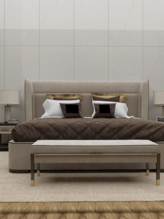 Modern bedroom with a large bed, nightstands, and lamps.