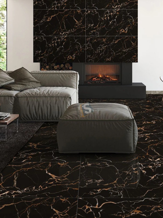 Modern living room with gray sofa, ottoman, and marble-patterned Floor 